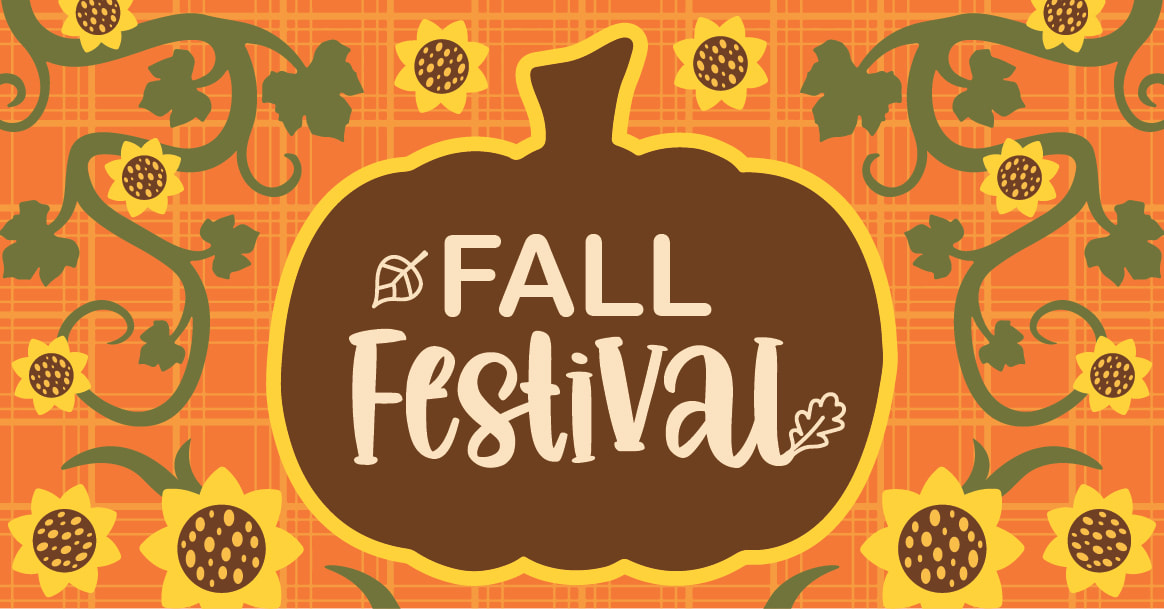 Fall Festival banner with a dark brown pumpkin outlined in yellow on an orange plaid background. There are many sunflowers and vines growing over the plaid backdrop and framing the pumpkin.