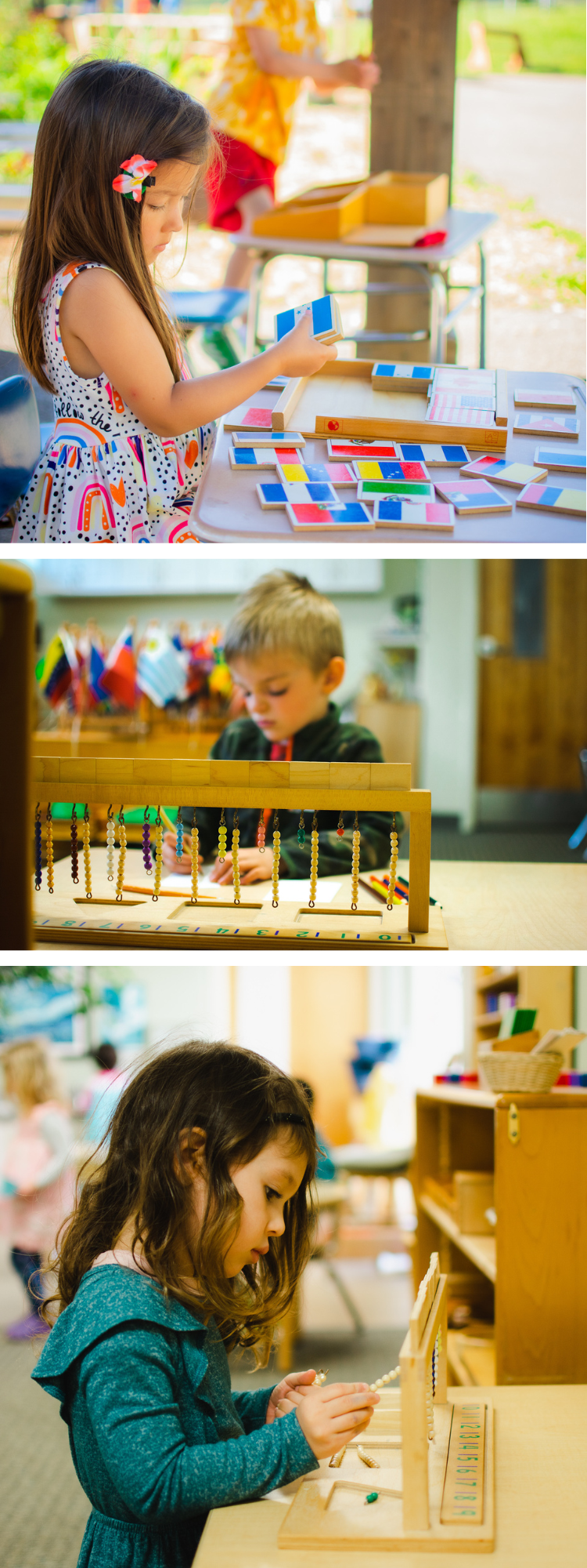 This section has three images. First, a child is matching different world flags while sitting at a desk in the outdoor classroom space. It's a very sunny day and the child has a flower clip in their hair while wearing a white dress with black polka dots and different rainbow patterns. Second, the camera is focused on math hanging beads and writing down what the beads represent. Last is another student using math beads but has just begun counting from 1 to 10.